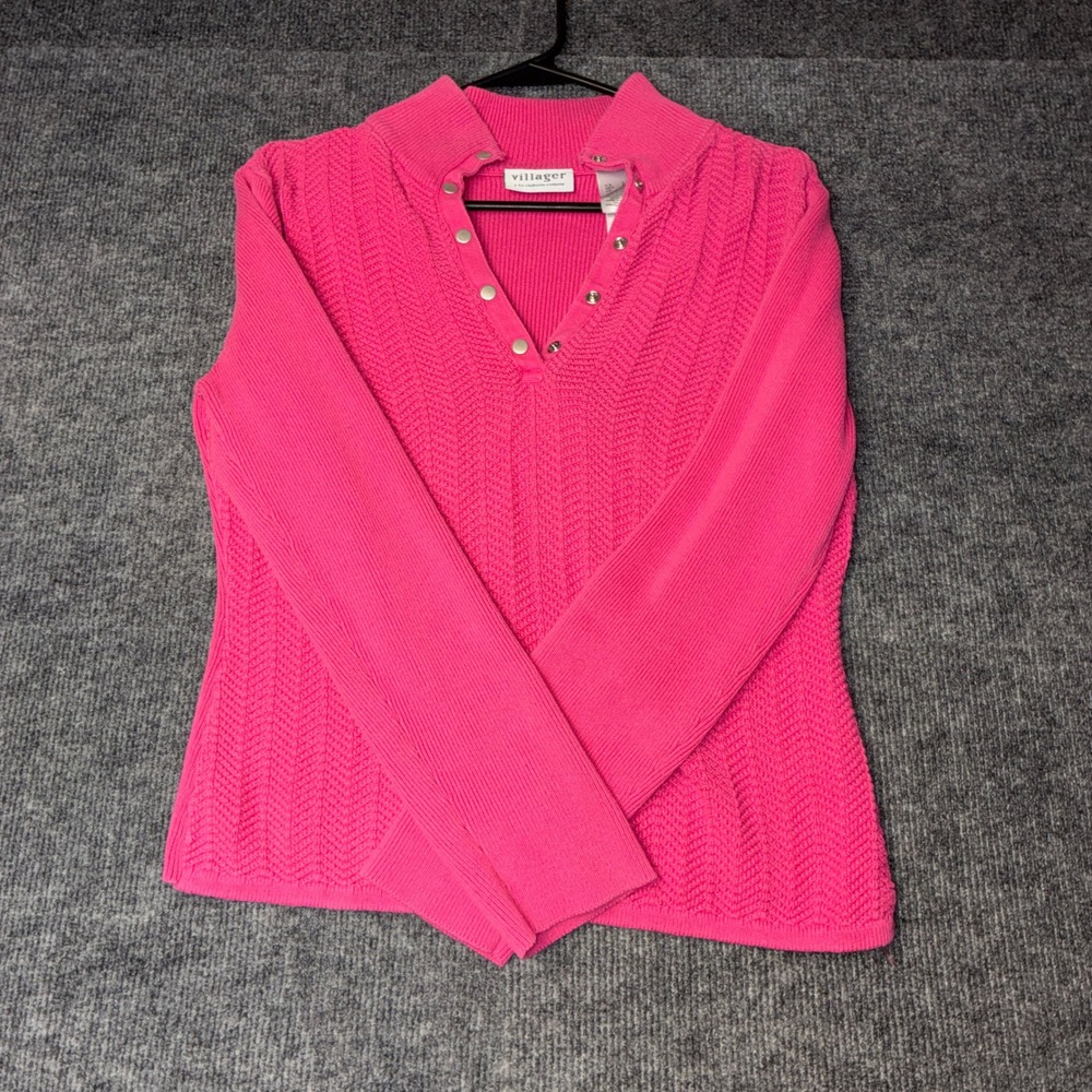 031 Villager Sweater Women Large Pink Snap Mock Neck Textured Cotton Knit